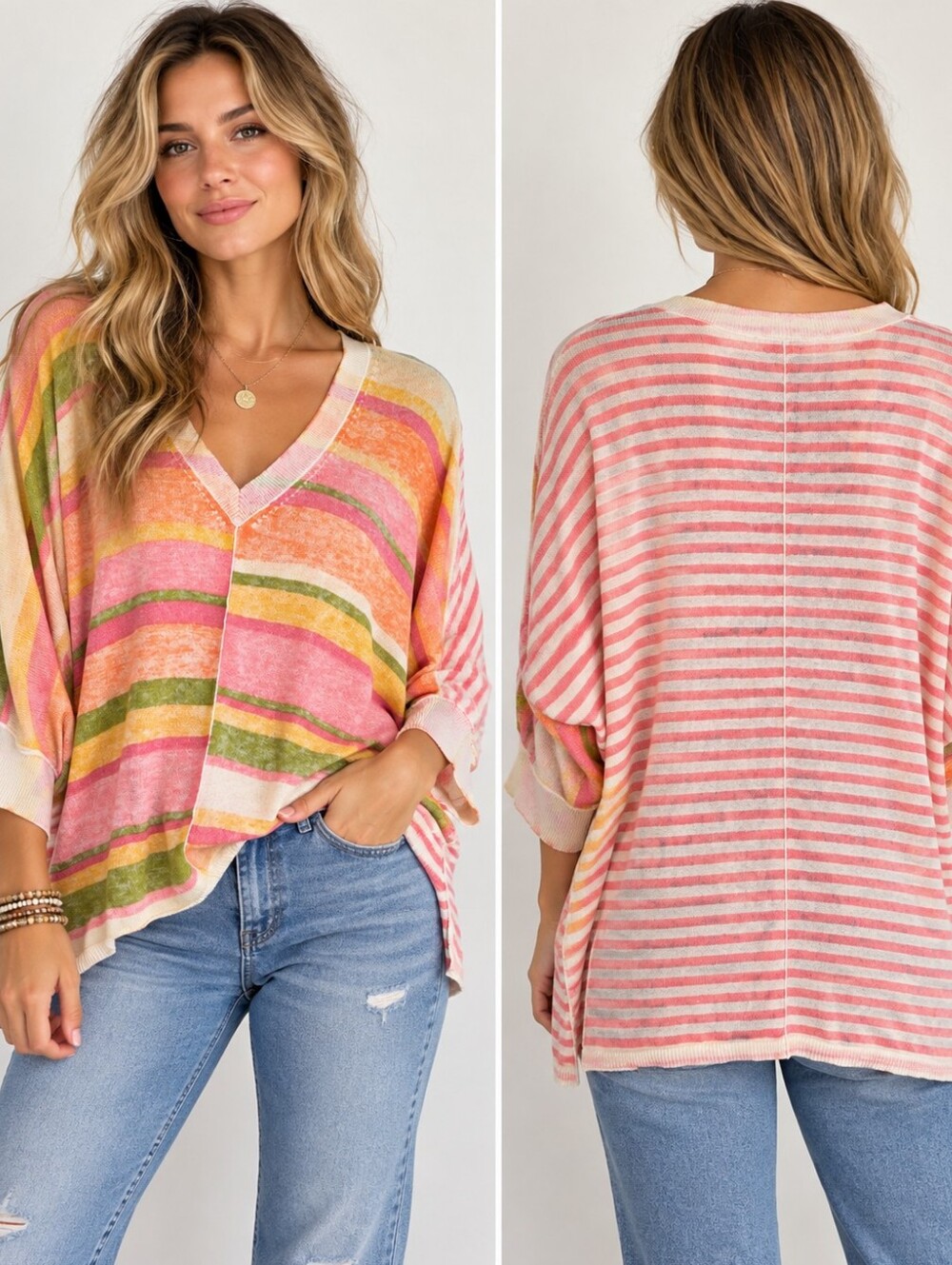 Sundance Johanna Striped Sweater PXL Multicolor V-Neck Boho Cotton Knit